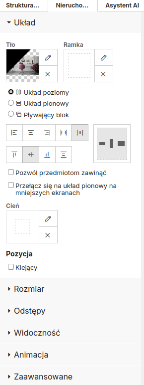 Zakładka Zaawansowane z polem kotwicy
