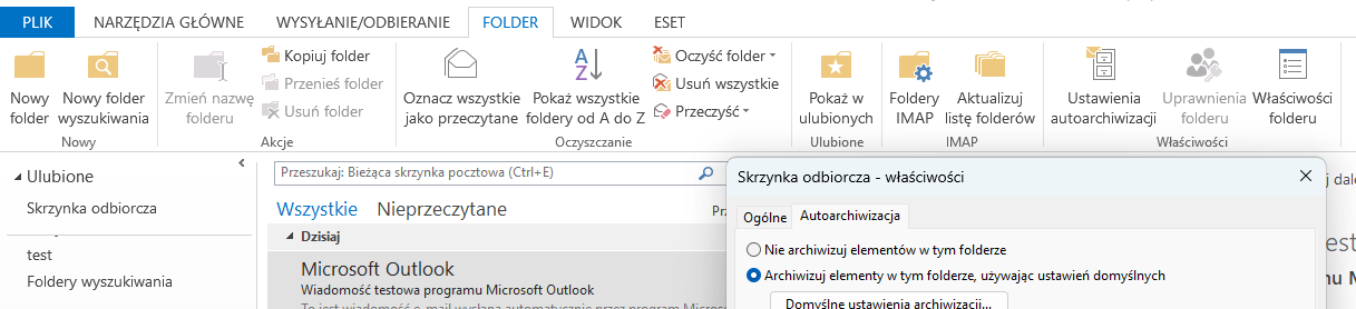 Ustawienia autoarchiwizacji folderu