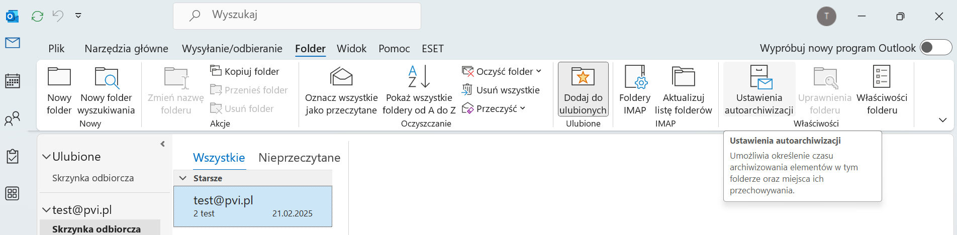 Wstążka Outlook 2024 - Ustawienia autoarchiwizacji