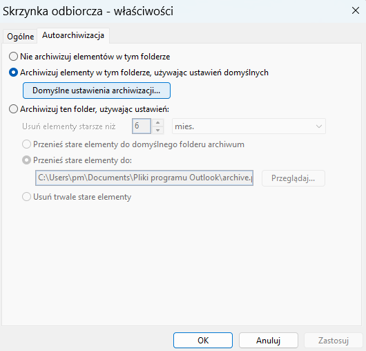Konfiguracja opcji Autoarchiwizacji